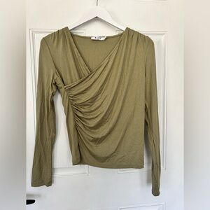 NA-KD Olive Draped Ruched Long Sleeve Wrap Top